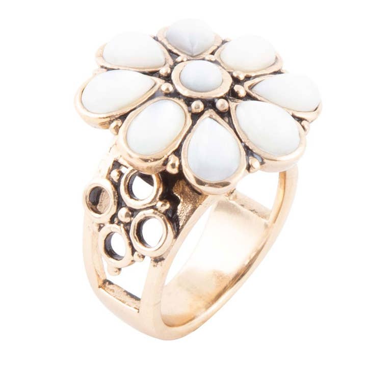 Barse Jewelry - Wholesale Cocktail/Statement Ring - White Hibiscus Mother of Pearl and Golden Ring