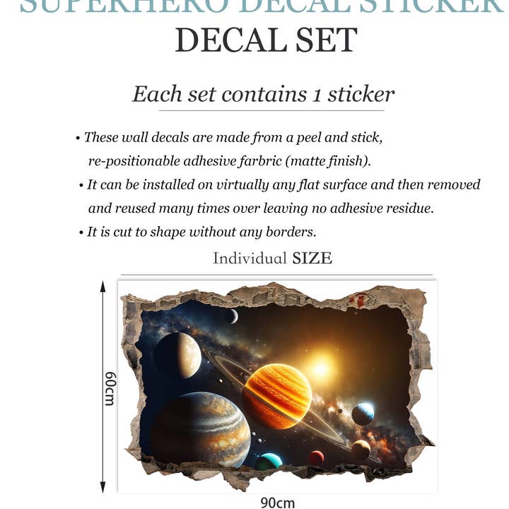 WallKoala - Wholesale Wall Decal/Stickers - Space Odyssey: Solar System Planets Breakthrough 3D Broken Wall Decal - Removable Peel and Stick - BW0013