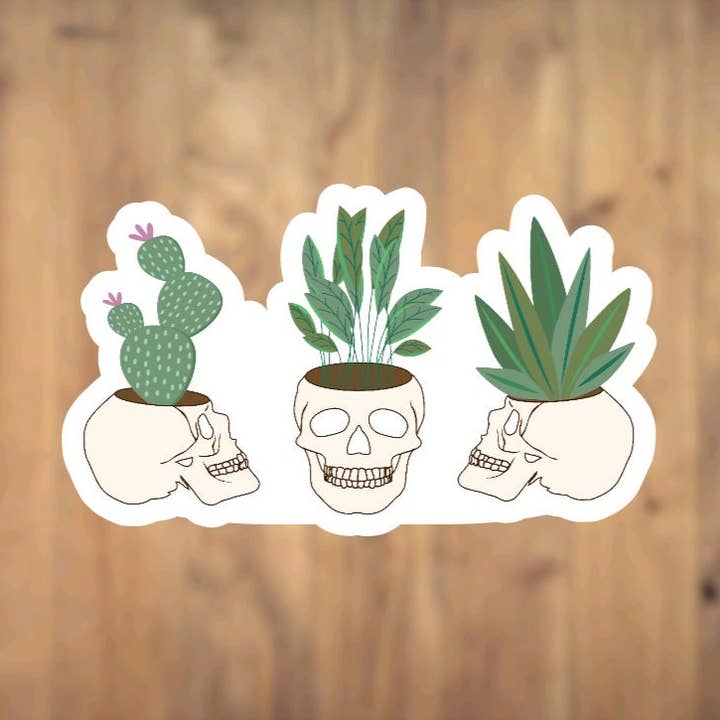 Succulents In Ceramic Skull Pot, Vinyl Sticker, Spooky, Halloween, Plant Lover, Plant Gift, Laptop, Phone Case, Cactus, Cute for wholesale by All for Iris