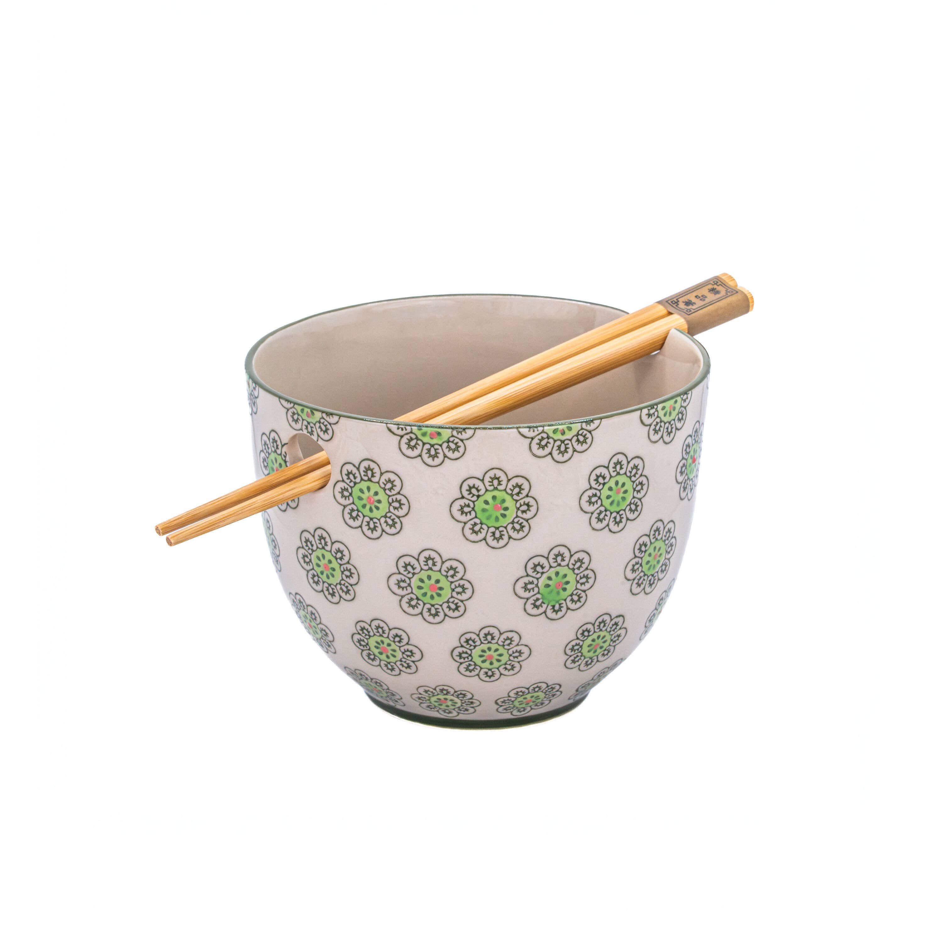 Sass and Belle – wholesale Bowl – Geometric Print Green Noodle Bowl - With Chopsticks0