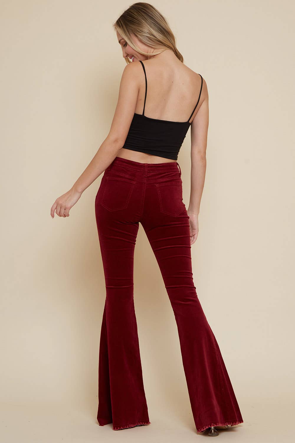 Saints &amp; Hearts - Wholesale Pants - Women&#x27;s - SIP6144A WINE SOFT CORDUROY FLARES WITH DISTRESSED HEM6