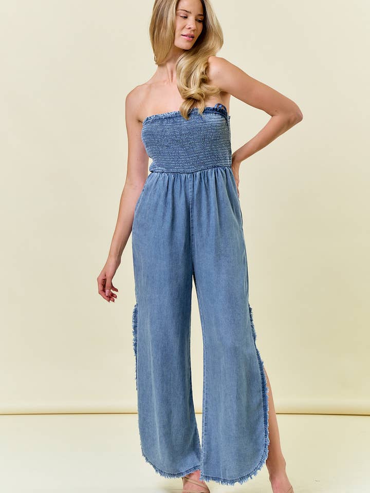 Smocked Strapless Jumpsuit W/Frayed detail - 27923R-1 for wholesale by Doe and Rae