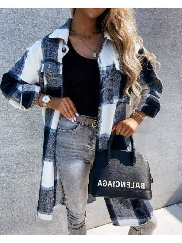 Queen Fashion - Wholesale Shirt Jacket/Shacket - Women's - plaid flap detail drop shoulder button up shacket