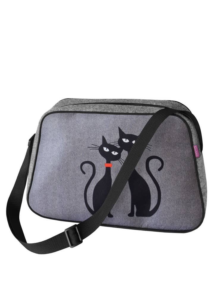 Bolso de hombro de fieltro ecológico gris con gatos negros, línea Nesi Bertoni para venta al por mayor de IngrossoBertoni by INCI Srl