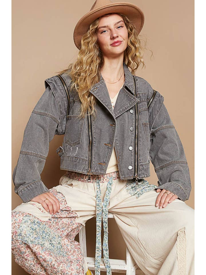 Pol Clothing - Wholesale Denim Jacket - Women's - Oversized denim jacket with zipper detail