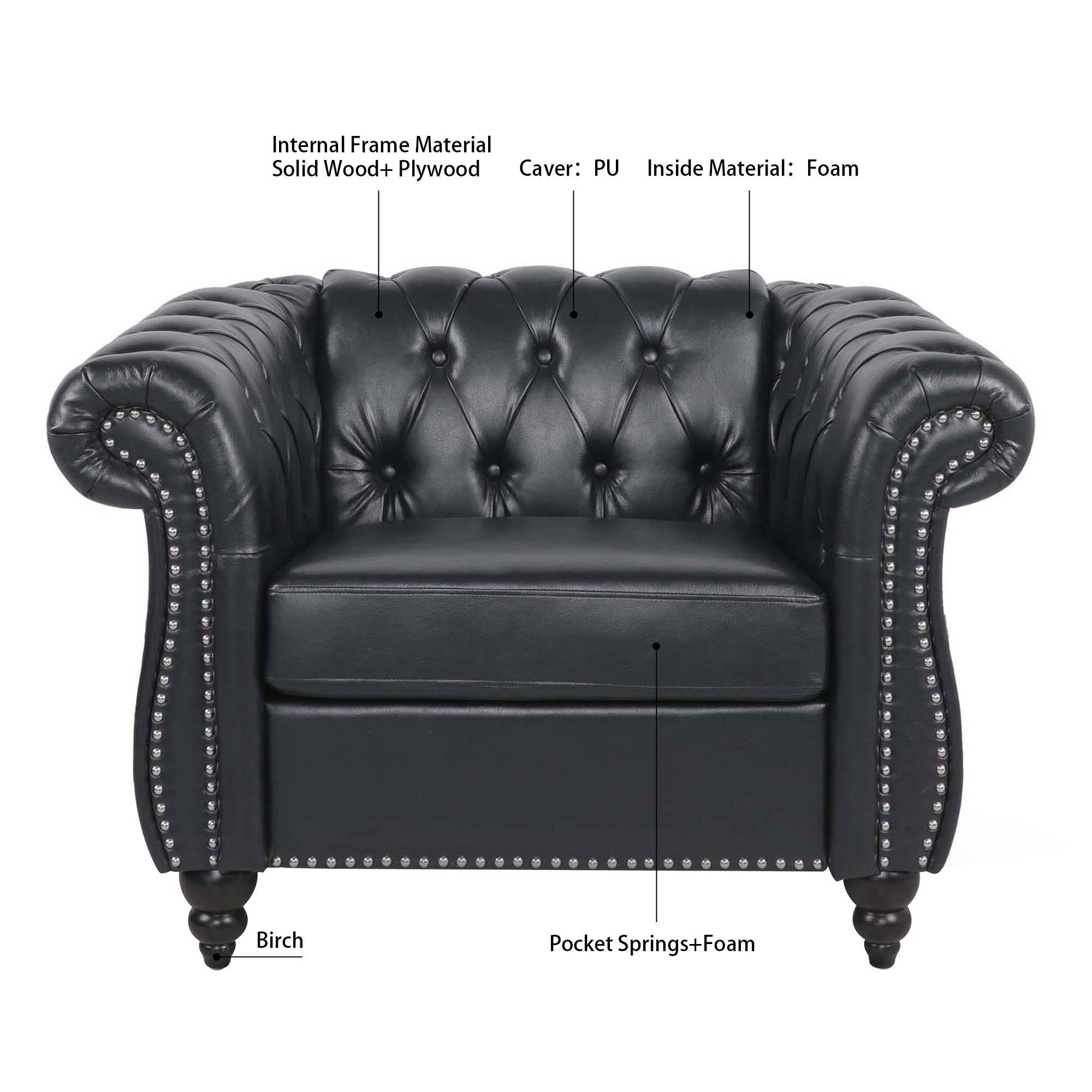 39F Inc. - Wholesale Chair - 84.65''BLACK PU Rolled Arm Chesterfield 3 Seater Sofa,6Color10