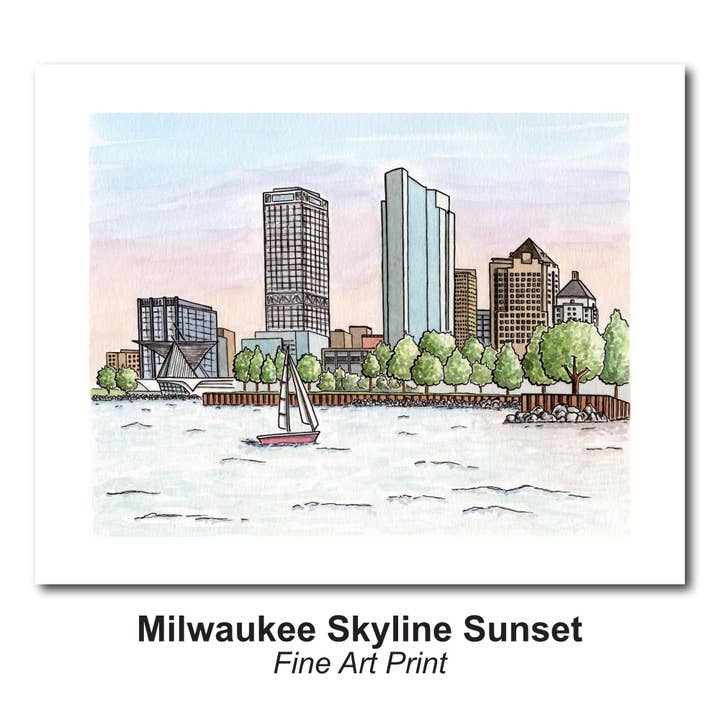 Milwaukee Skyline Sunset Watercolor Art Print for wholesale by Lynndale Print