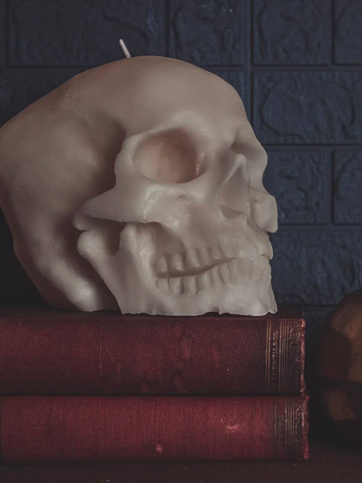 LARGE HUMAN SKULL CANDLE | PILLAR for wholesale by A Pleasant Thought