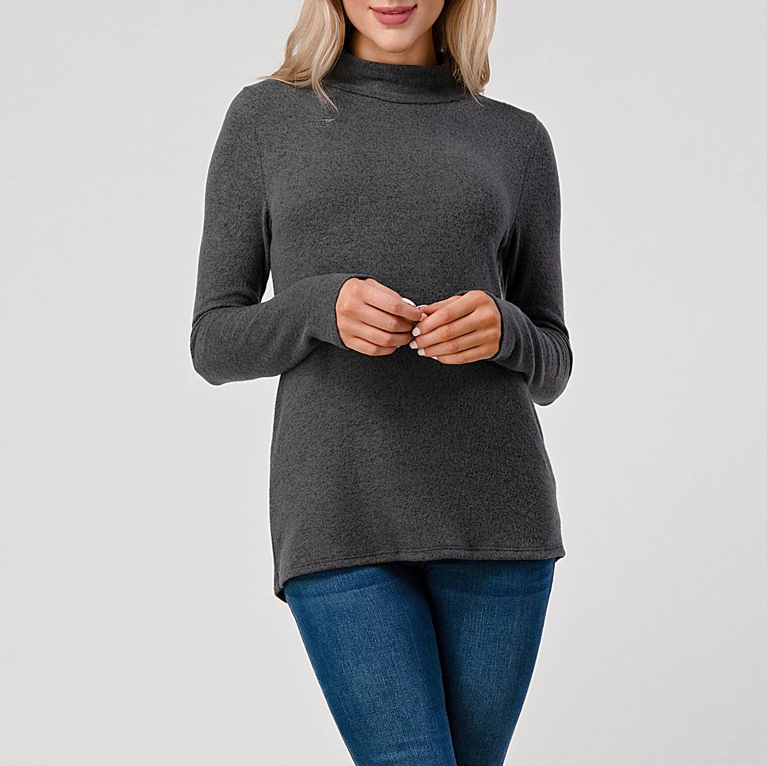 Heimious - Wholesale Knit Top - Women's - Mock Neck L-Sleeve Relaxed Fit Brushed Knit Top, T5482