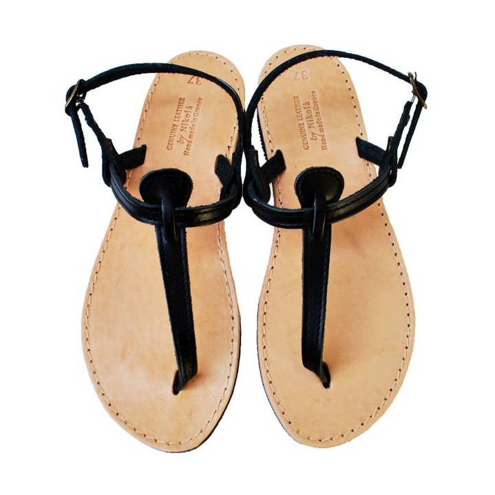 Schwarze Ledersandalen für Damen mit T-Riemen für den Großhandel von Nikola Sandals