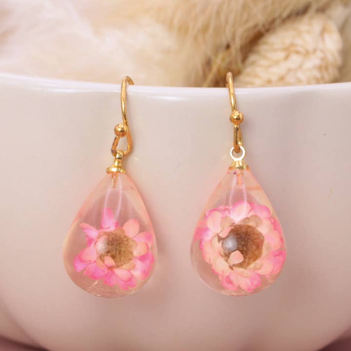 Rosa torkade blommor klara tårformade örhängen för wholesale av ZAD