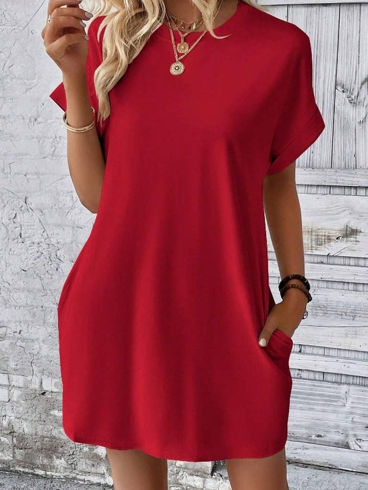 NINEXIS - Vente Robe – femme - CWDSD3628_ROBE COURTE À COL ROND ET POCHES AMPLES DE COULEUR UNIE12