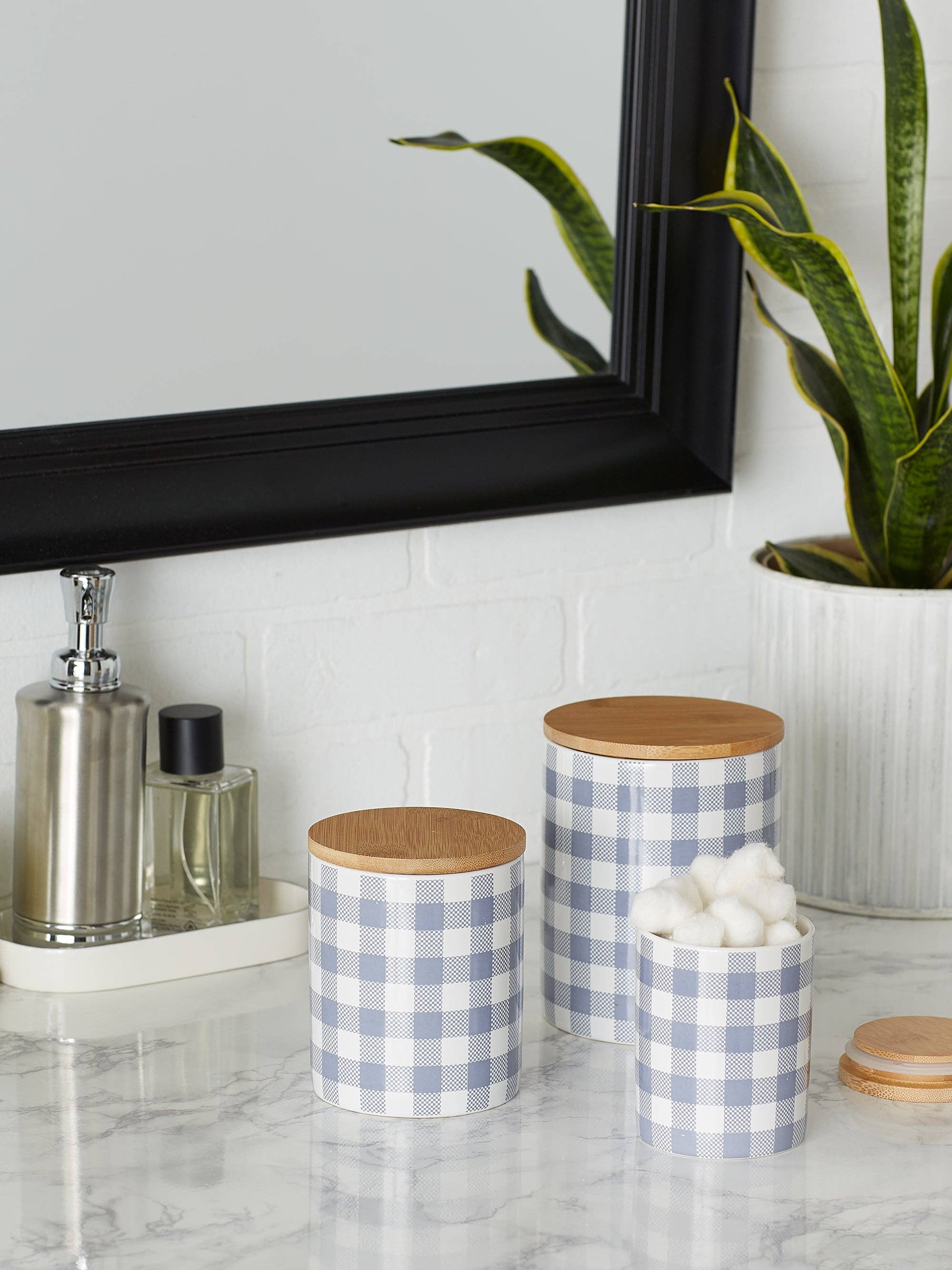 Welcome Home Unbeatable Deals - Wholesale Canister Set - Stonewash Blue & White Buffalo Check Ceramic Canister Set8