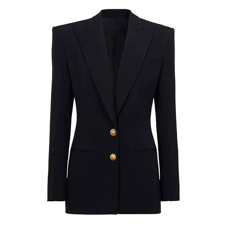 SY313 Sort langærmet Slim Fit blazer med guldknapper for engroshandel hos Sanyao Fashion