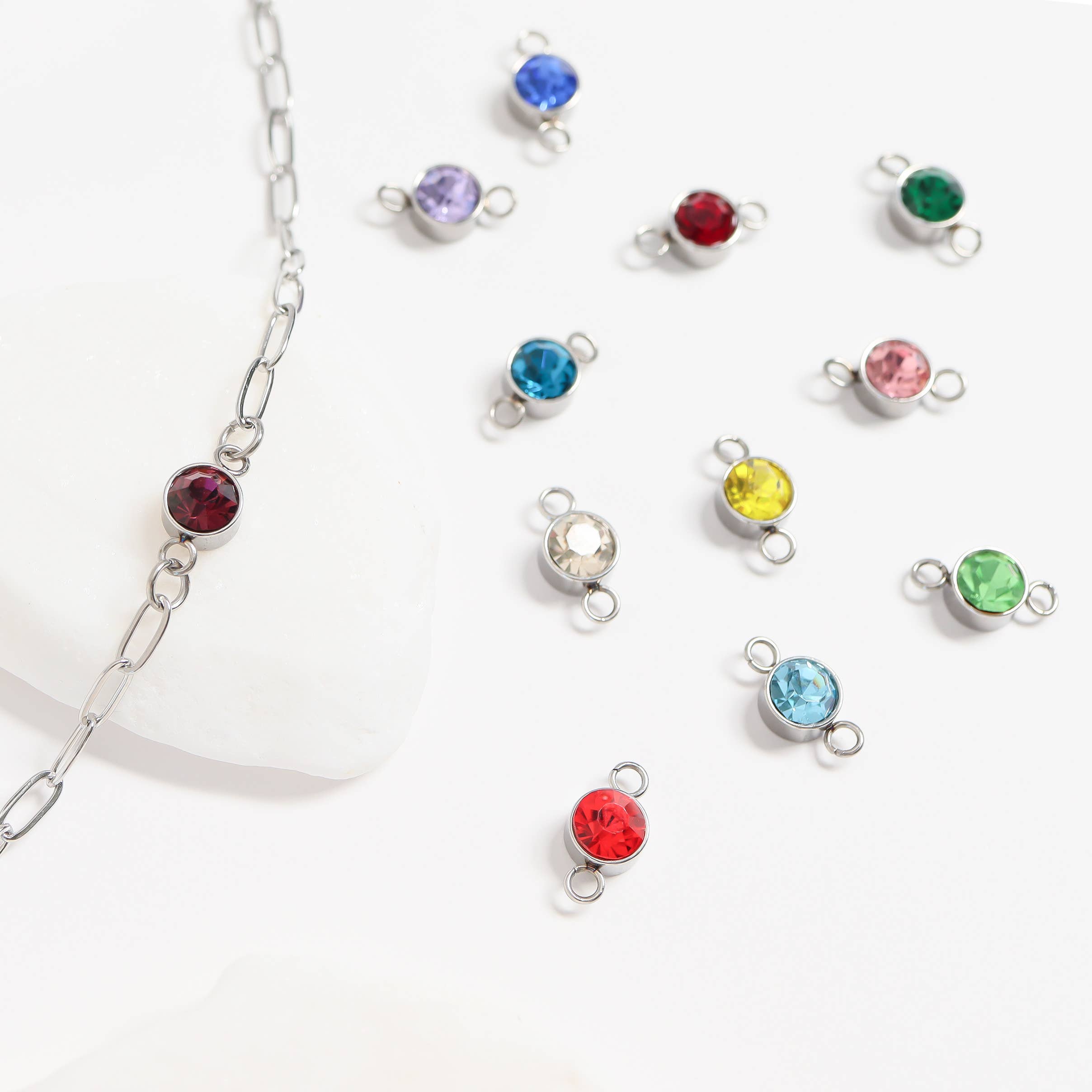 WJW - Wholesale Individual Charm/Pendant - Stainless Steel Cubic Zirconia Birthstone Connector Charms1