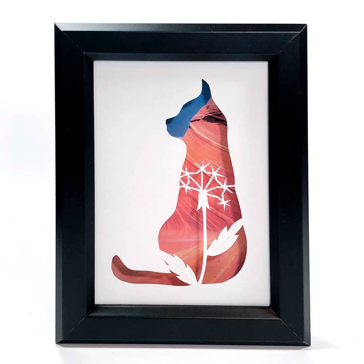 Framed Hand Cut Paper Art - Wishy Cat for wholesale by Squirrel Tacos Papercuts