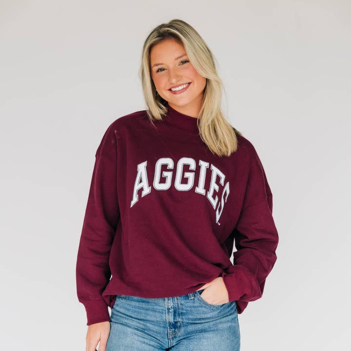 The Madi Classic Mockneck Aggies Applique | Deep Maroon for wholesale by Scarlet & Gold
