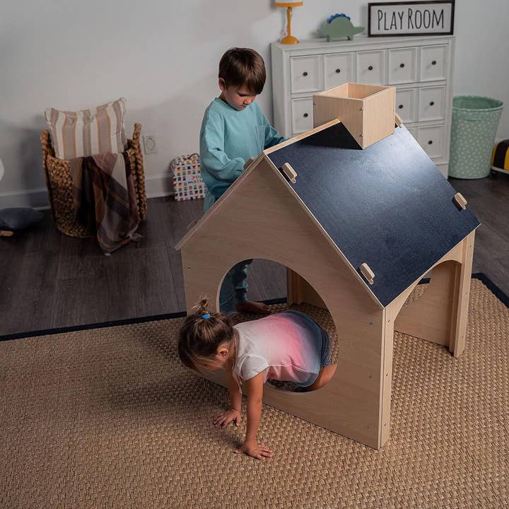 ShipItFurniture - Wholesale Wood Toy - Kids - Indoor Montessori Wooden and Waldorf Style Playhouse for Toddlers with Double Chalkboard Roof. Sturdy Play Set Structure for Children and Kids ECC Early Childhood Day Care, Preschool Playroom