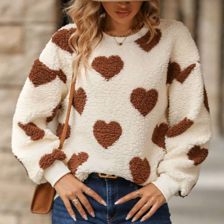 Masyal - Wholesale Sweatshirt - Women's - Women's Plush Heart Print Crew Neck Pullover Sweatshirt2