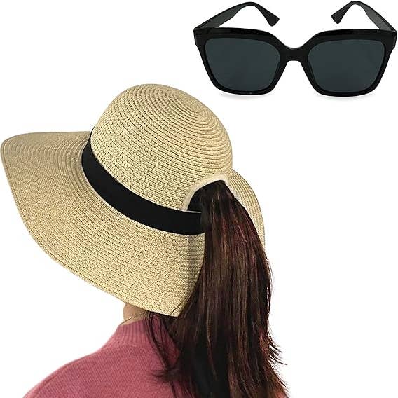 4E's Novelty - Wholesale Straw Hat - Women's - 4E's Novelty Sun Hat for Women UV Protection with Sunglasses, UPF 50+, Packable Beach Hat, Beige