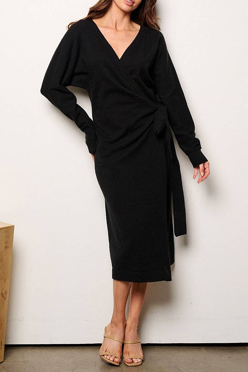 ROUSSEAU - Wholesale Dress - Women's - LONG SLEEVE WRAP FRONT WAIST TIE MIDI DRESS1