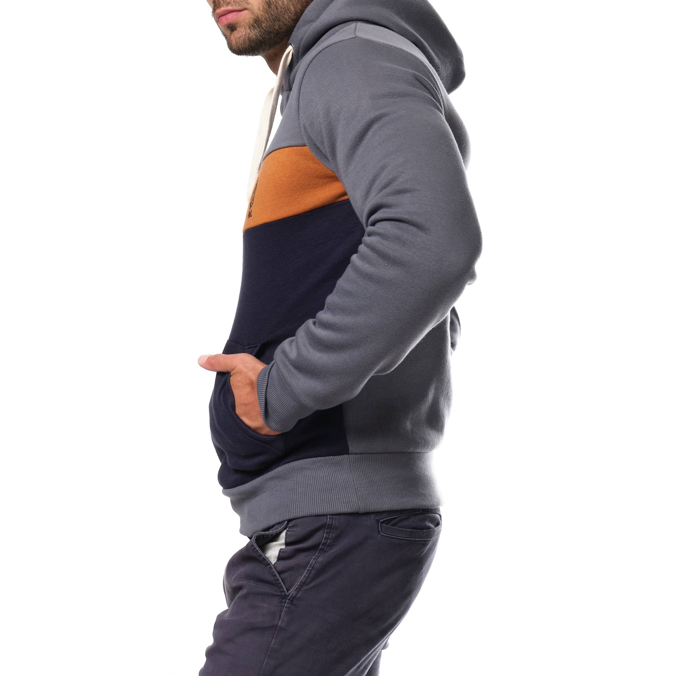 GRIGIO Felpa grigia da uomo in pile con cappuccio tricolore in vendita all'ingrosso su Faire1