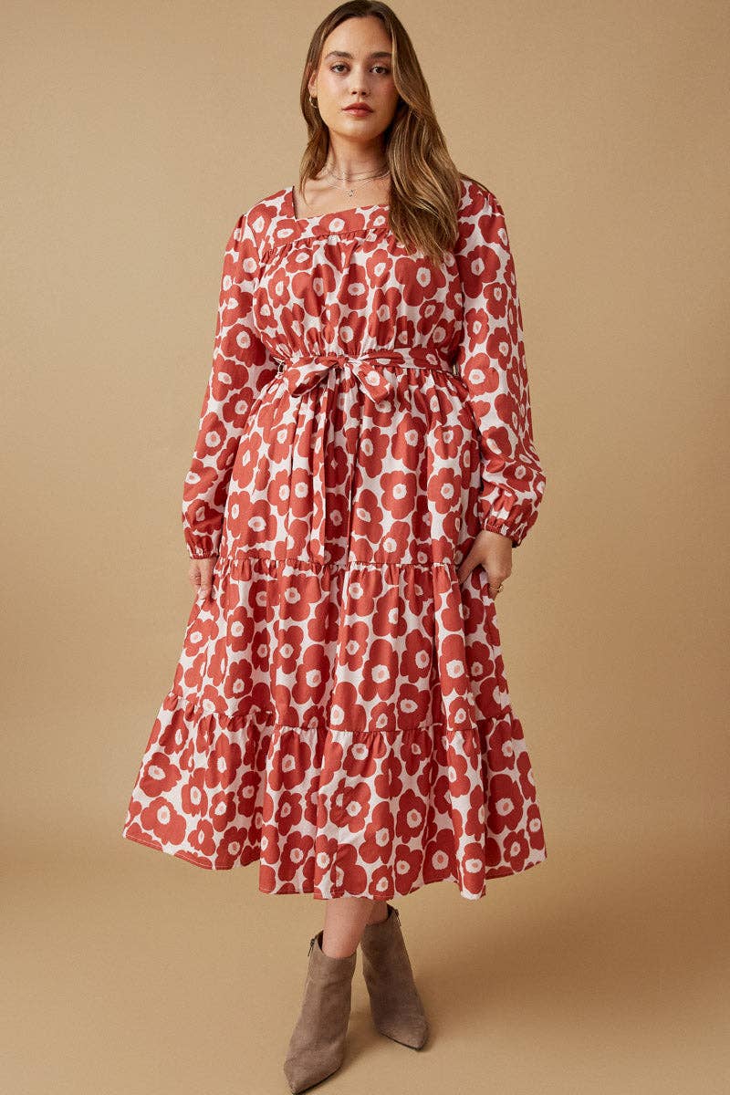 Mauve Womens Bold Floral Print Belted Square Neck Dress for wholesale on Faire10