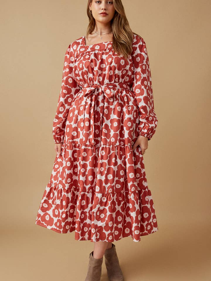 Malva Vestido con cuello cuadrado con cinturón y estampado floral atrevido para mujer de venta al por mayor en Faire10