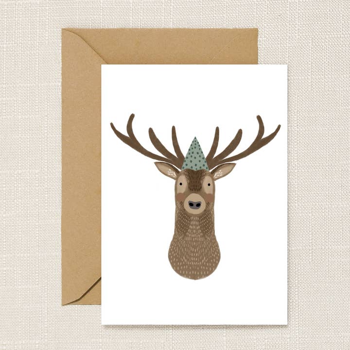 Deer In Party Hat Greeting Card for wholesale by HeatherLucyJ Design