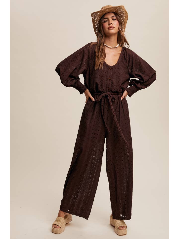Listicle - Wholesale Jumpsuit - Women's - Eyelet Lace Wide Leg Jumpsuit