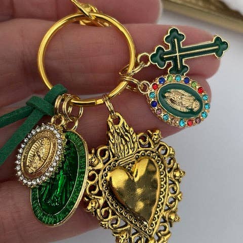 Miss DJ Angel - Wholesale Keychain - Women's - Virgin Mary sacred heart and cross keychain, gift for virgin mother, virgin charm miraculous medal, ex-voto cross keychain