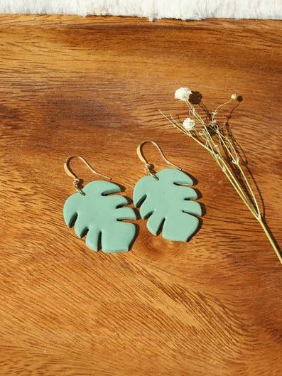 Monstera Leaf Polymer Clay Earrings for wholesale by Sunflowercrafty