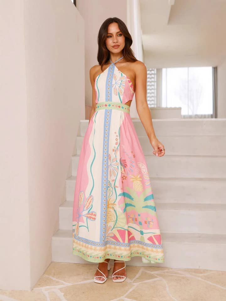 PINK Halter halter long hollowed waist dress for wholesale on Faire