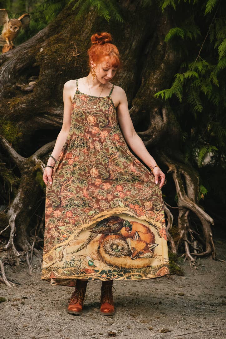 Market of Stars (Worldwide) - Wholesale Dress – Women's - Woodland Wisdom Bohéme Maxi Slip Dress w/ Florals, Fox & Owl