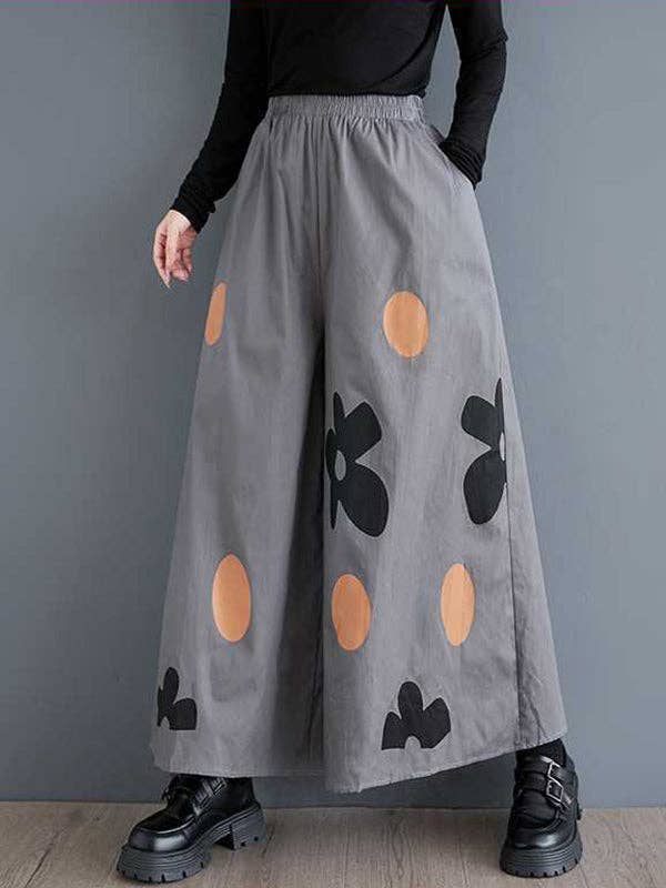 VividLux - Wholesale Pants - Women's - Loose Wide Leg Elasticity Flower Print Pockets Culotte Pants0