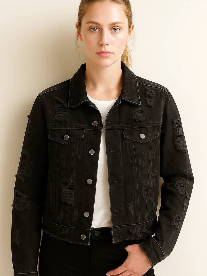 Kvinnors avslappnade svarta slitna jeansjacka / WCBDJ 11 för wholesale av Zovater Incorporation