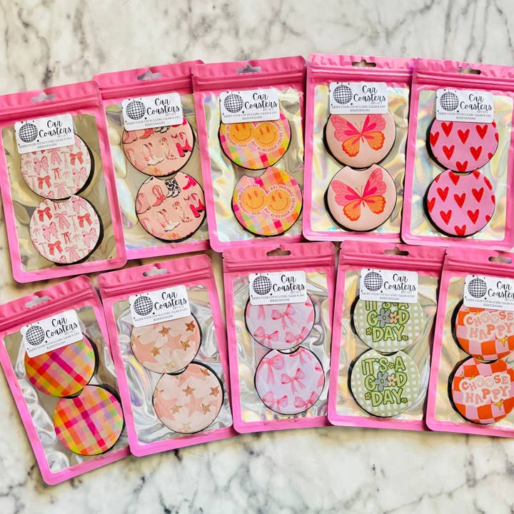 Bizzz Designs - Wholesale Car Coaster - Women's - Pink Bow Coquette Themed Car Coasters | Set of 10