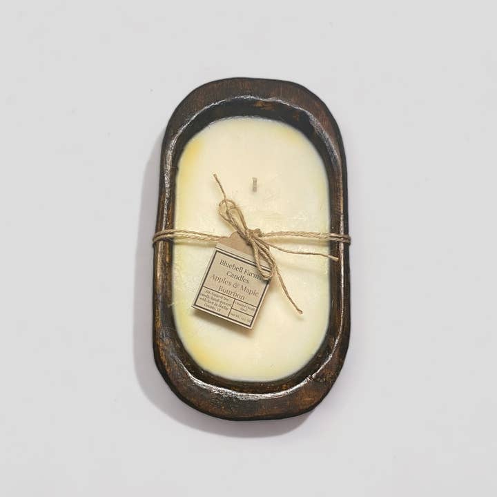 Apples & Maple Bourbon 3-wick Wooden Dough Bowl Soy Candle for wholesale by Bluebell Farms Candles