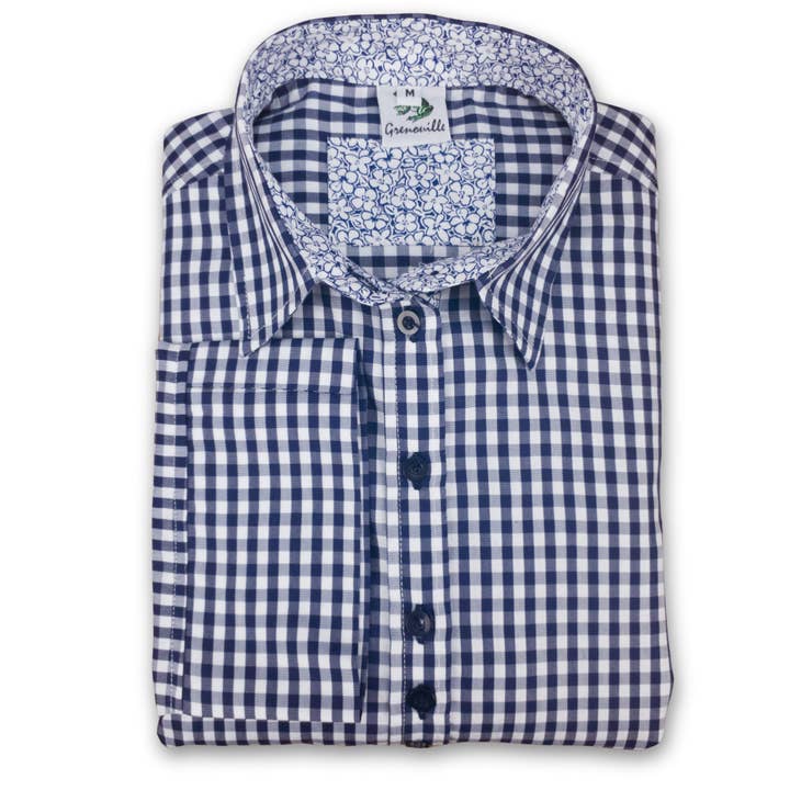 Chemise Grenouille à manches 3/4 à carreaux bleu marine facile d'entretien pour la vente par Salamander Shirts Ltd