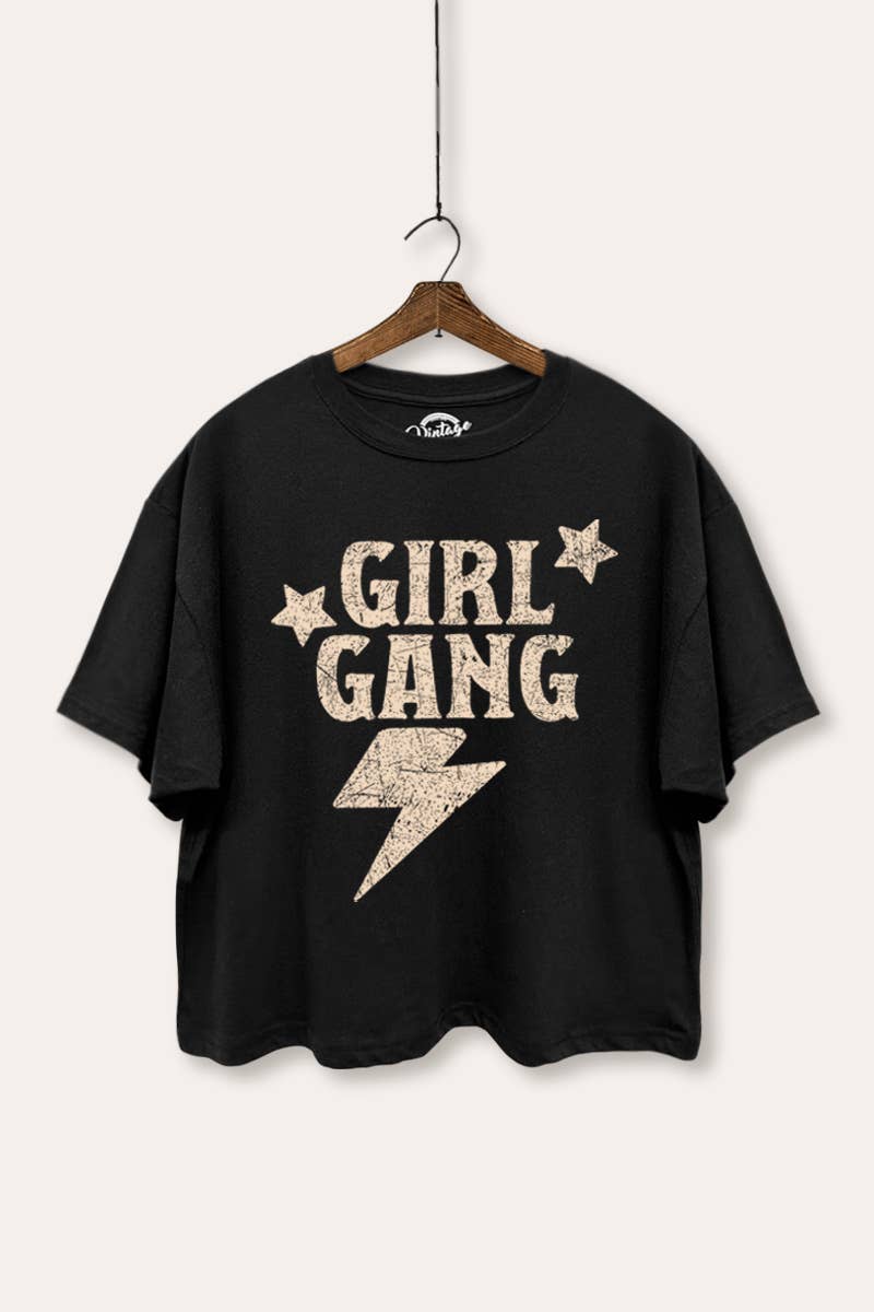 VINTAGE POINT USA - Vente T-shirt sérigraphié – femme - TOP COURT BOXY AVEC GRAPHISME ÉCLAIR "GIRL GANG"0