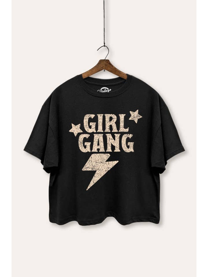 VINTAGE POINT USA - Vente T-shirt sérigraphié – femme - TOP COURT BOXY AVEC GRAPHISME ÉCLAIR "GIRL GANG"