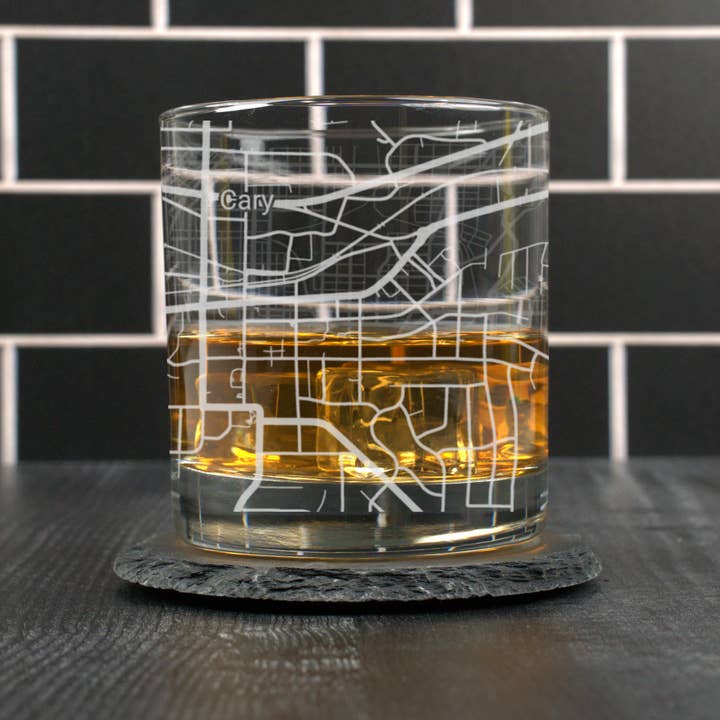 Blue Ridge Mountain Gifts - Wholesale Cocktail/Liquor Glass - Cary NC - Street Map - Engraved Whiskey Glass