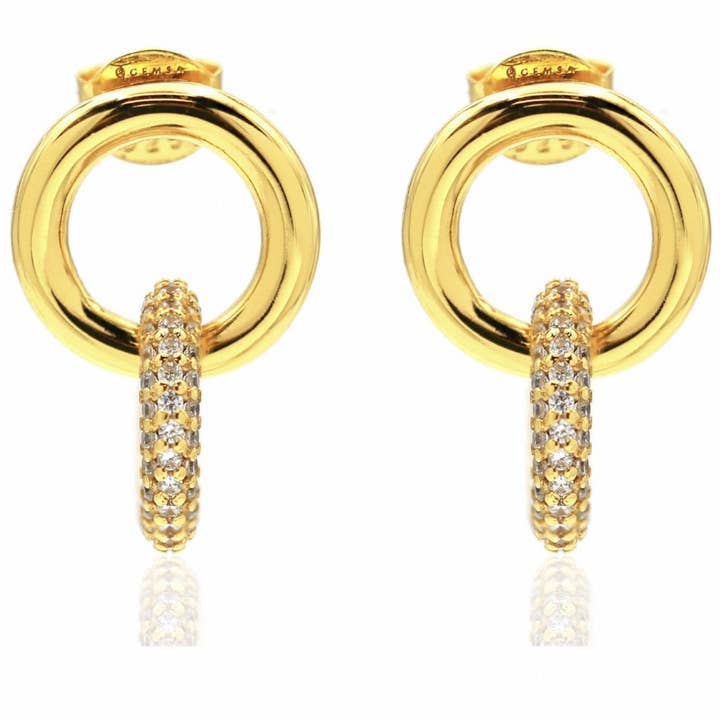 Karma in elkaar grijpende gekoppelde dubbele cirkel hoepeloorbellen witte pavé zirkonia 18kt op sterling zilver voor wholesale door GEMSA LONDON