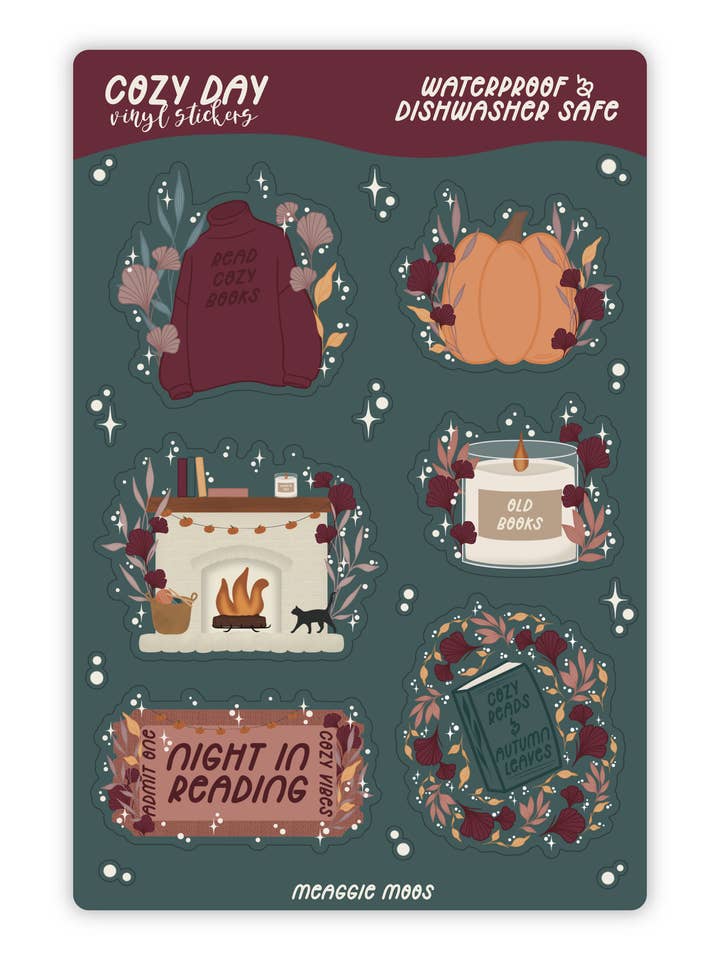 Cozy Day Waterproof Vinyl Sticker Sheet for wholesale by Meaggie Moos