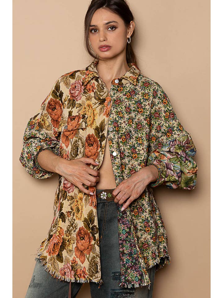 ORANGE MULTI Vintage wash floral pattern jacquard shacket for wholesale on Faire