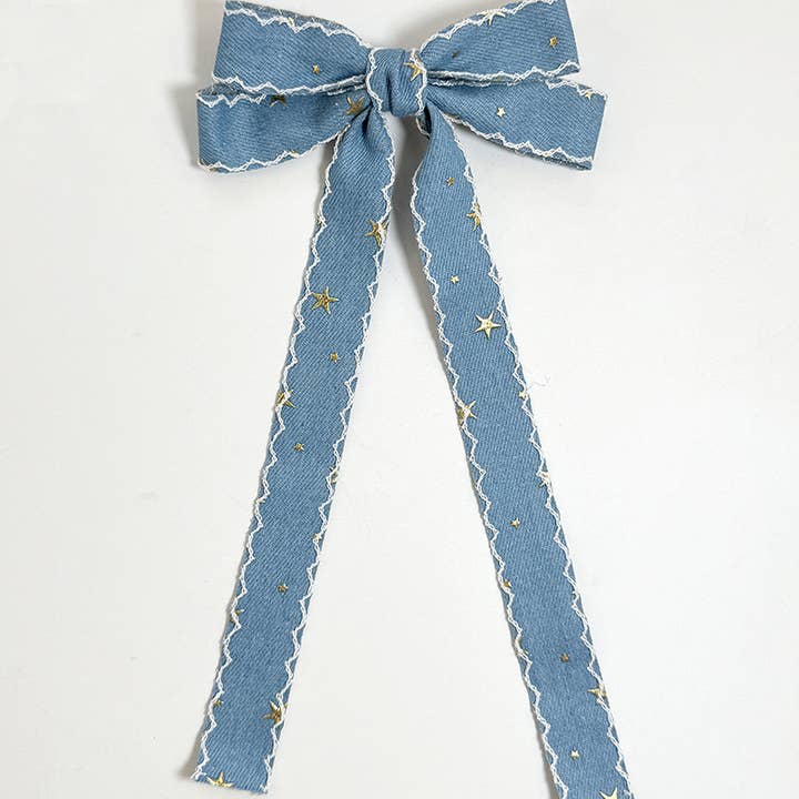 MKS America - Wholesale Hair Clip - Women's - Contrast trim Denim Ribbon Long double bow Star clips