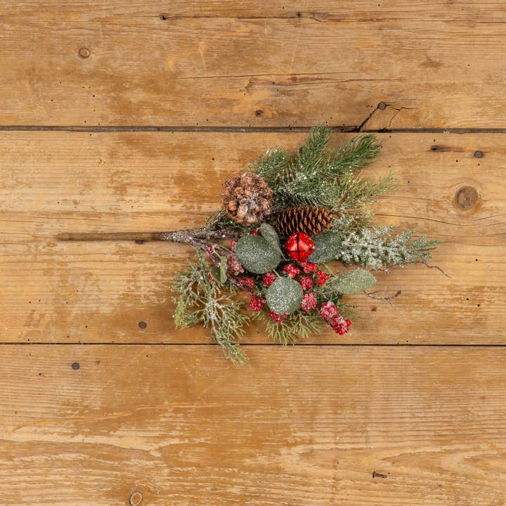 Ragon House - Wholesale Artificial Plant - 16" ICY FOLIAGE W/ RED BERRIES & BELLS PICK
