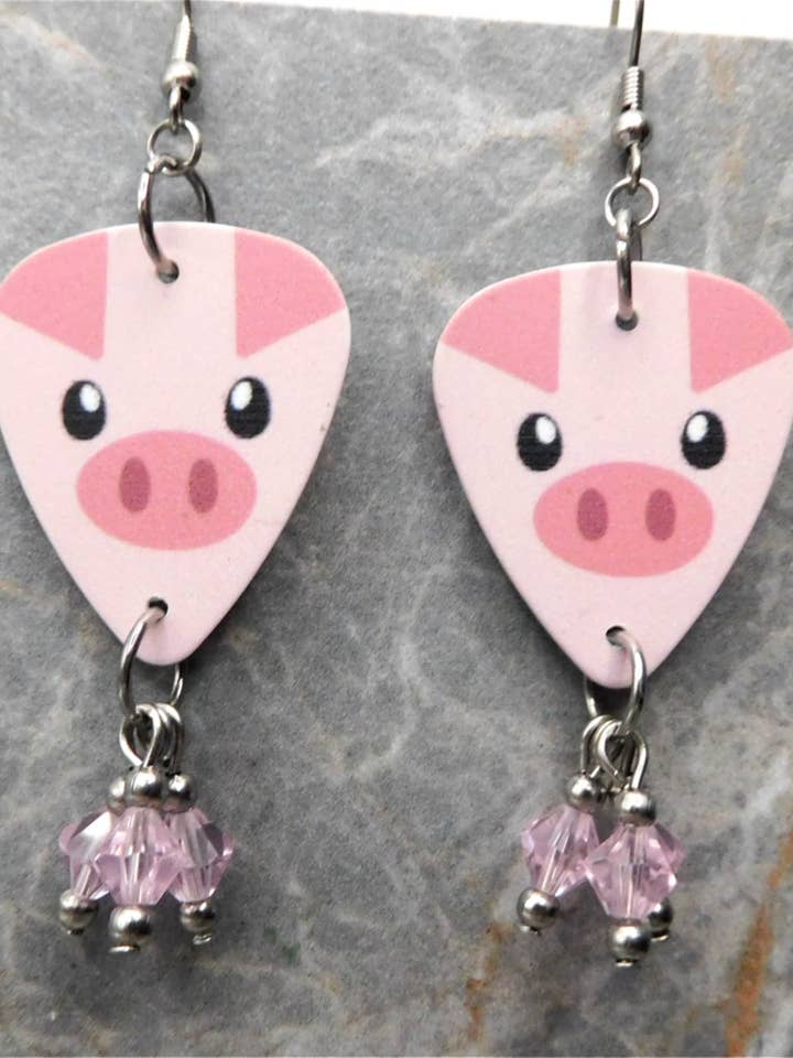 Pig Guitar Pick Earrings with Pink Swarovski Crystal Dangles for wholesale by Simply Raevyn