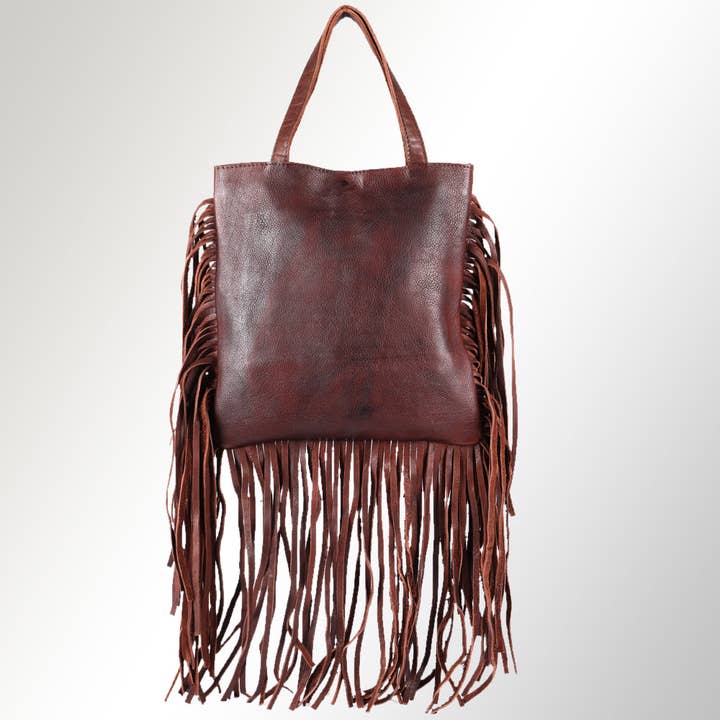 LS Western - Wholesale Tote Bag - Women's - ADBGM305 Rustic Leather Fringe Tote - Boho Western Bag with Long Fringe Detail1