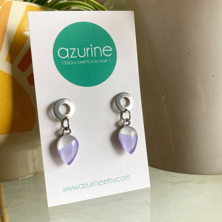Lilac drop earrings in steel and azurine glass for wholesale by Azurine